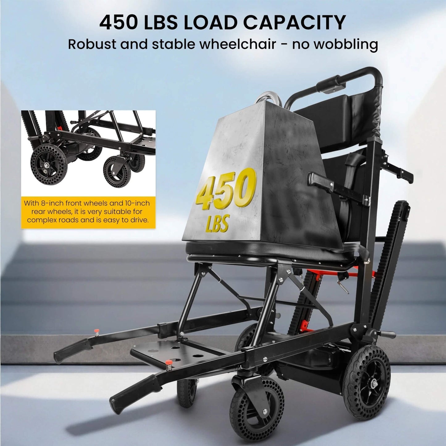Electric stair climbing wheelchair with 450 lb rating panel and padded backrest