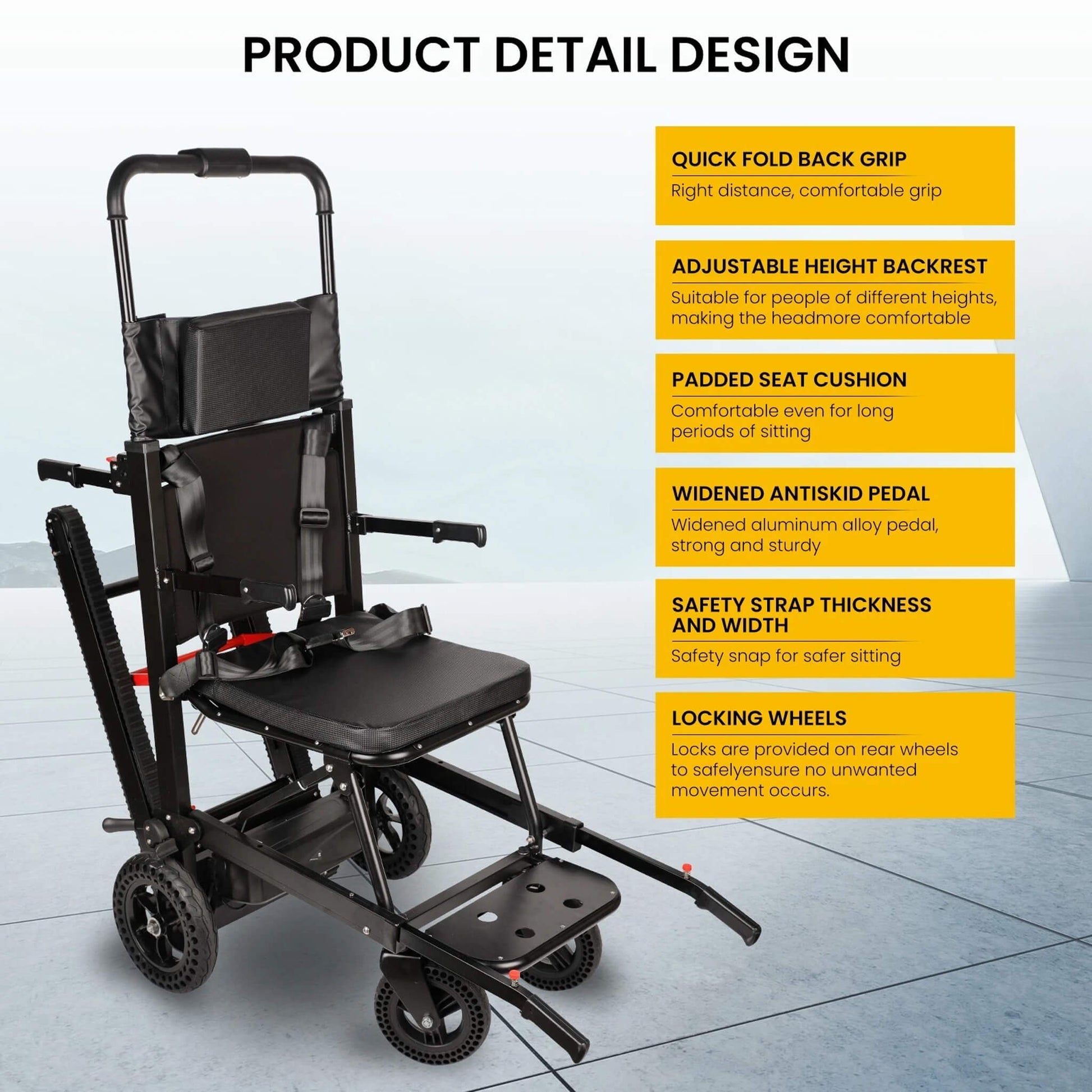 Detail view of foldable stair climbing wheelchair seat, backrest, straps, and pedals