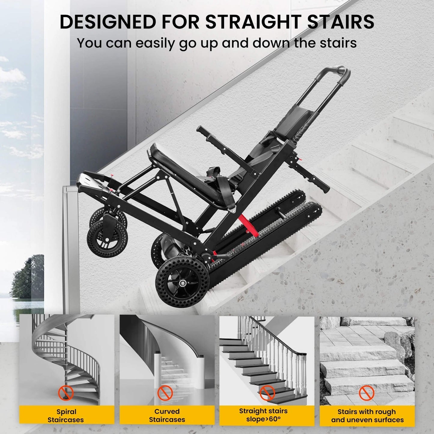 Electric stair climbing wheelchair ascending straight stairs with anti-slip tracks