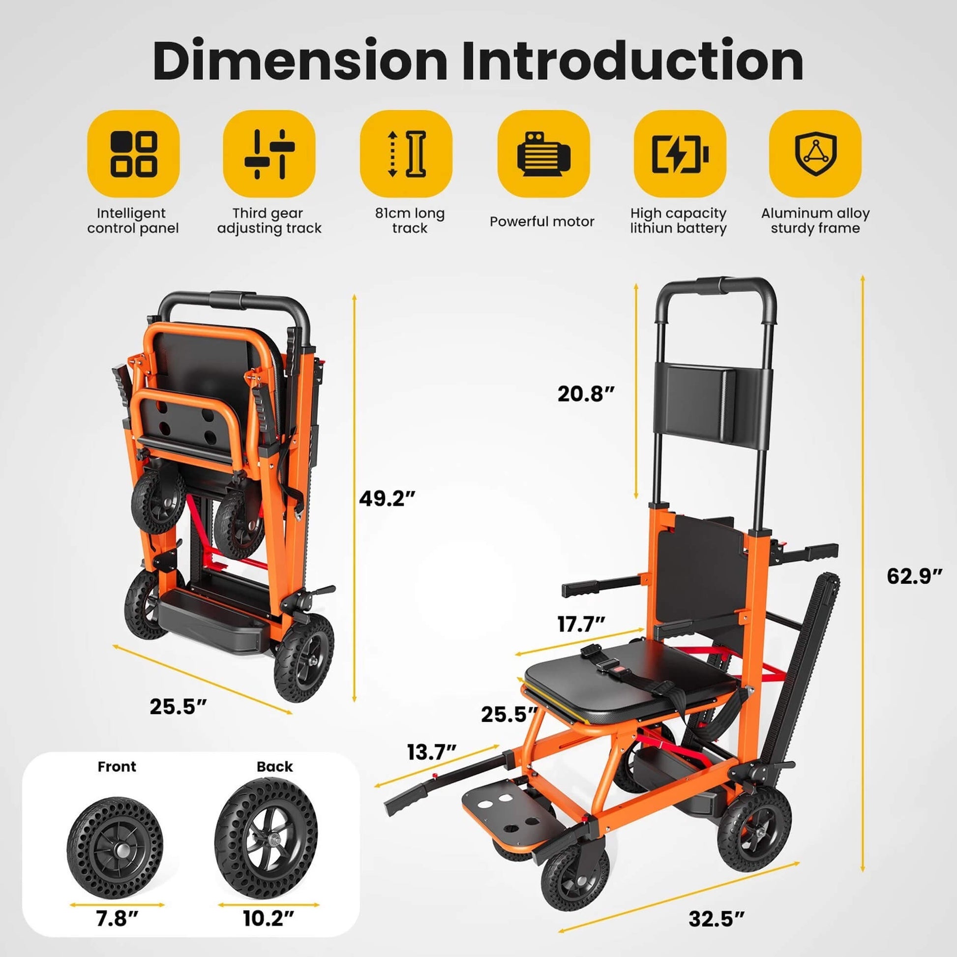 Motorized stair-climbing wheelchair diagram with orange frame and black seat; dimensions shown