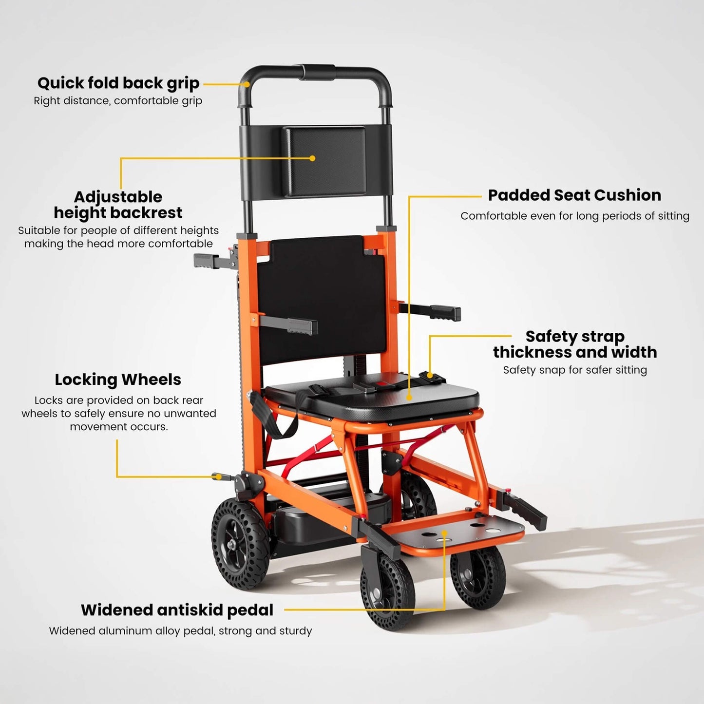 Stair climbing wheelchair with padded seat cushion, safety strap, locking wheels, and adjustable parts