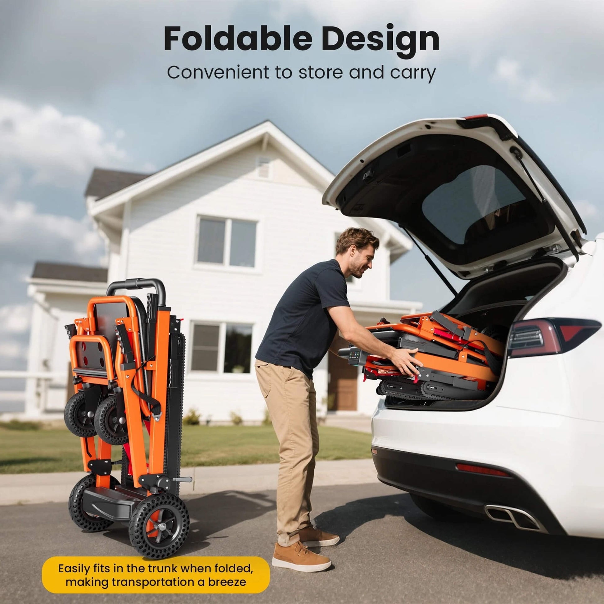 Folded motorized stair climbing wheelchair positioned in a vehicle trunk opening