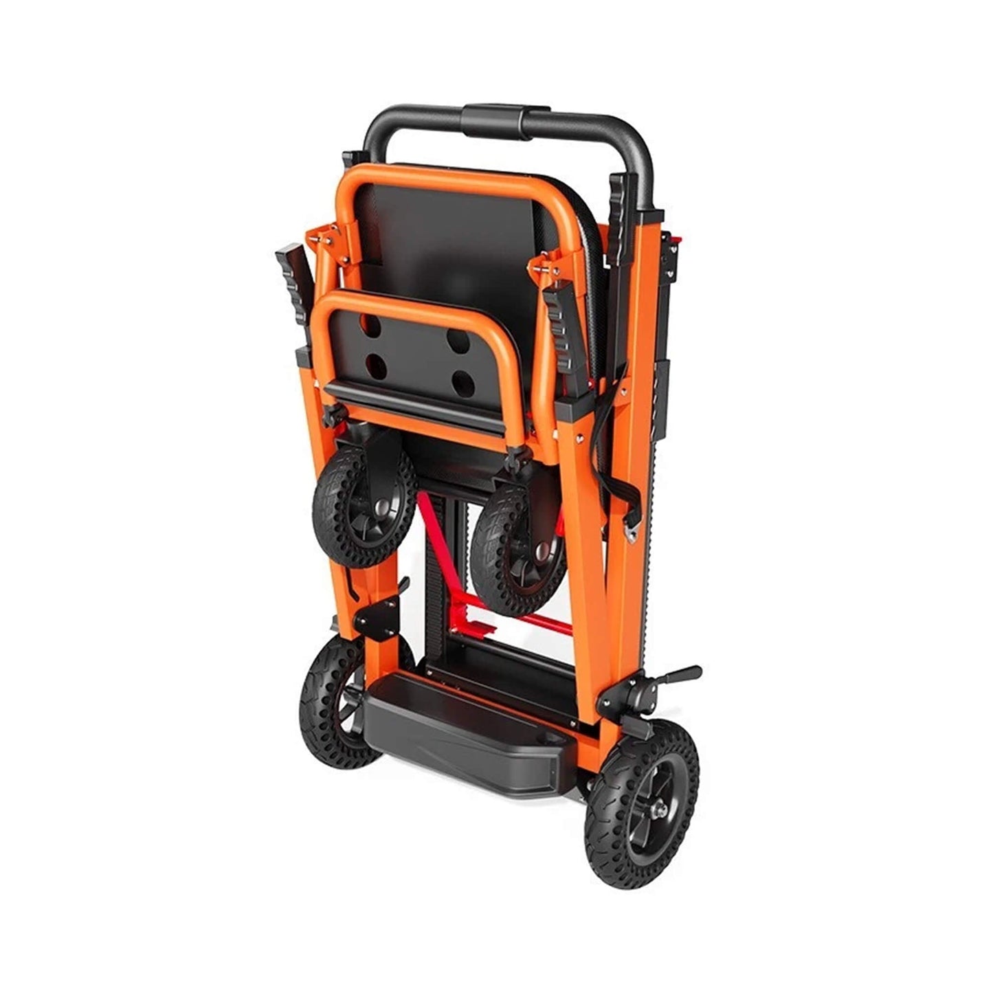 Motorized stair climbing wheelchair rear view with orange frame and multiple traction wheels