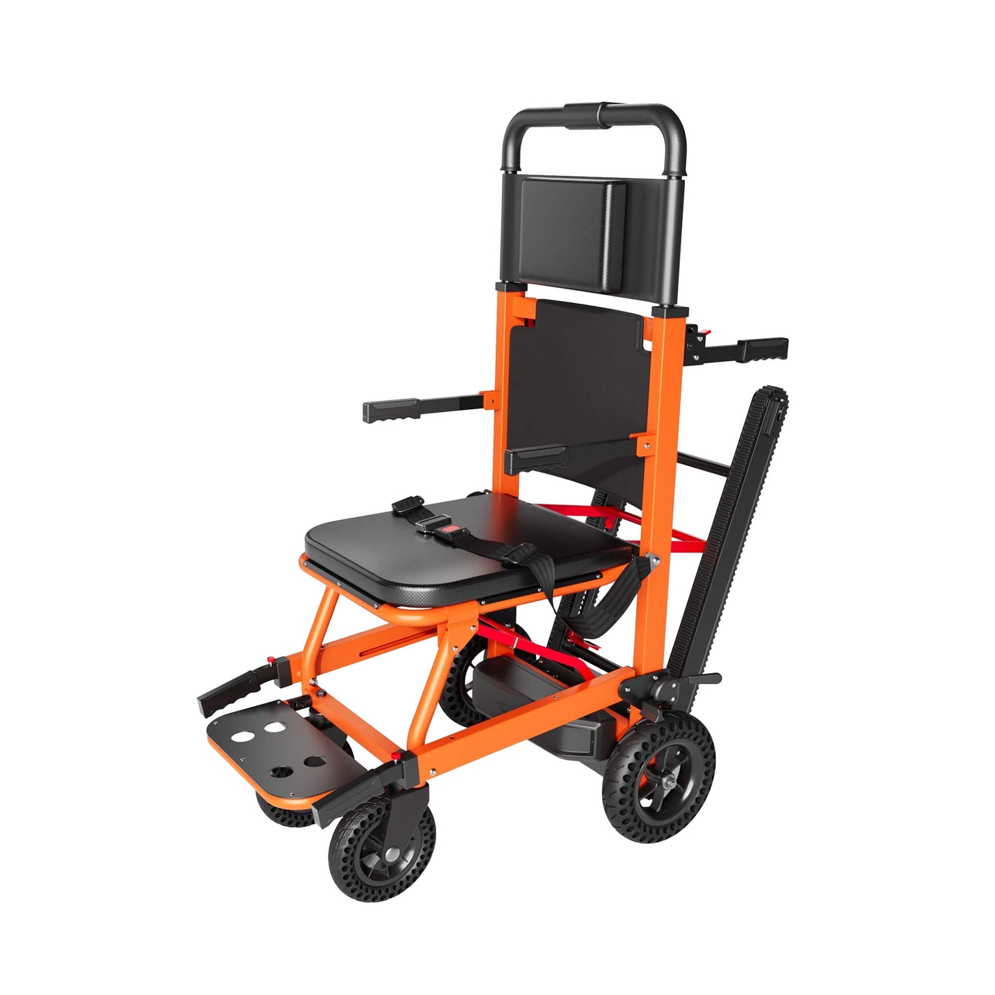 Motorized stair climbing wheelchair front 3/4 view with black seat and orange base platform