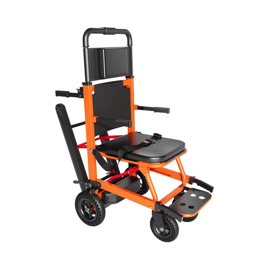 Motorized stair climbing wheelchair with orange frame, black seat, and side hand rails