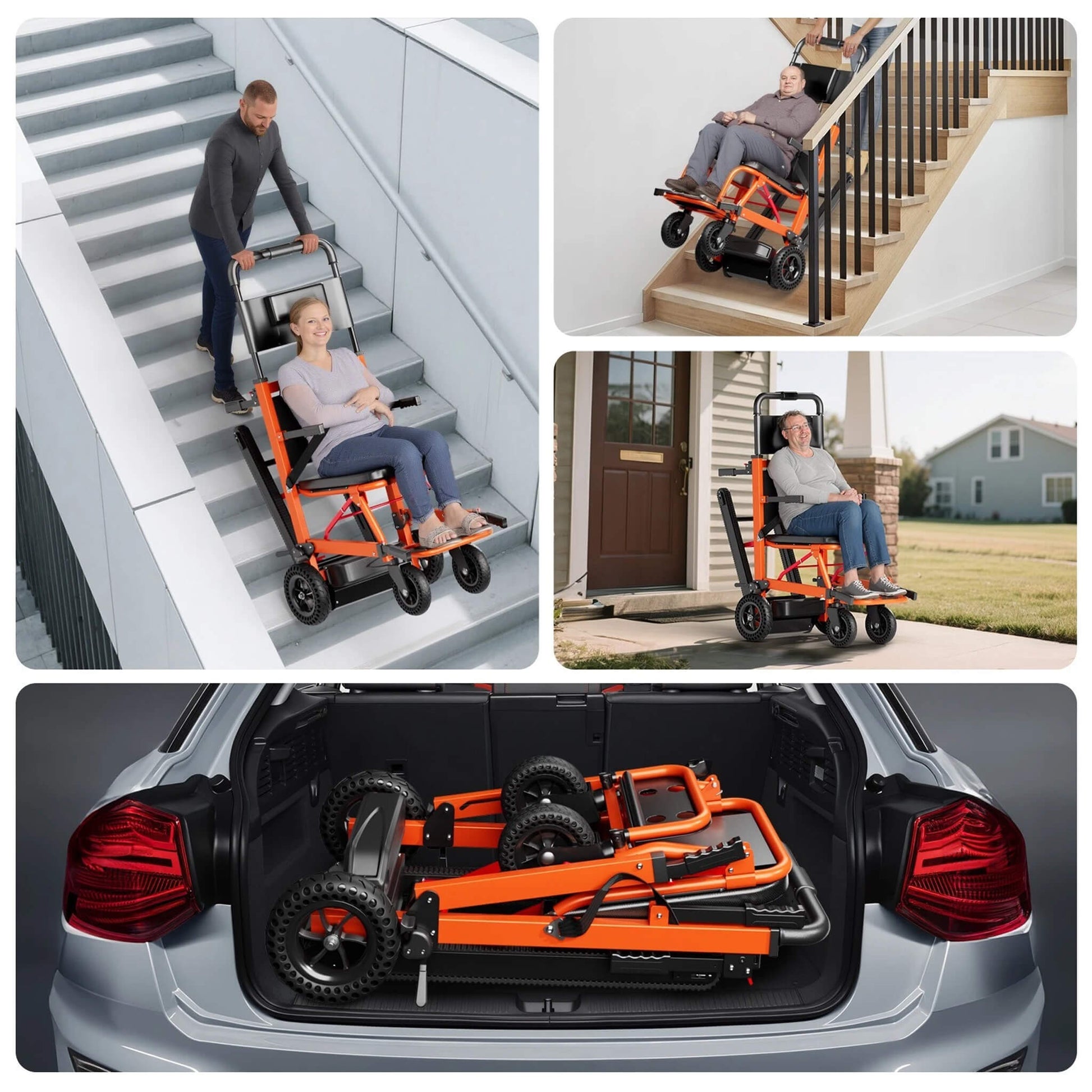 Motorized stair climbing wheelchair on stairs and folded in a car trunk; close-up of chair base