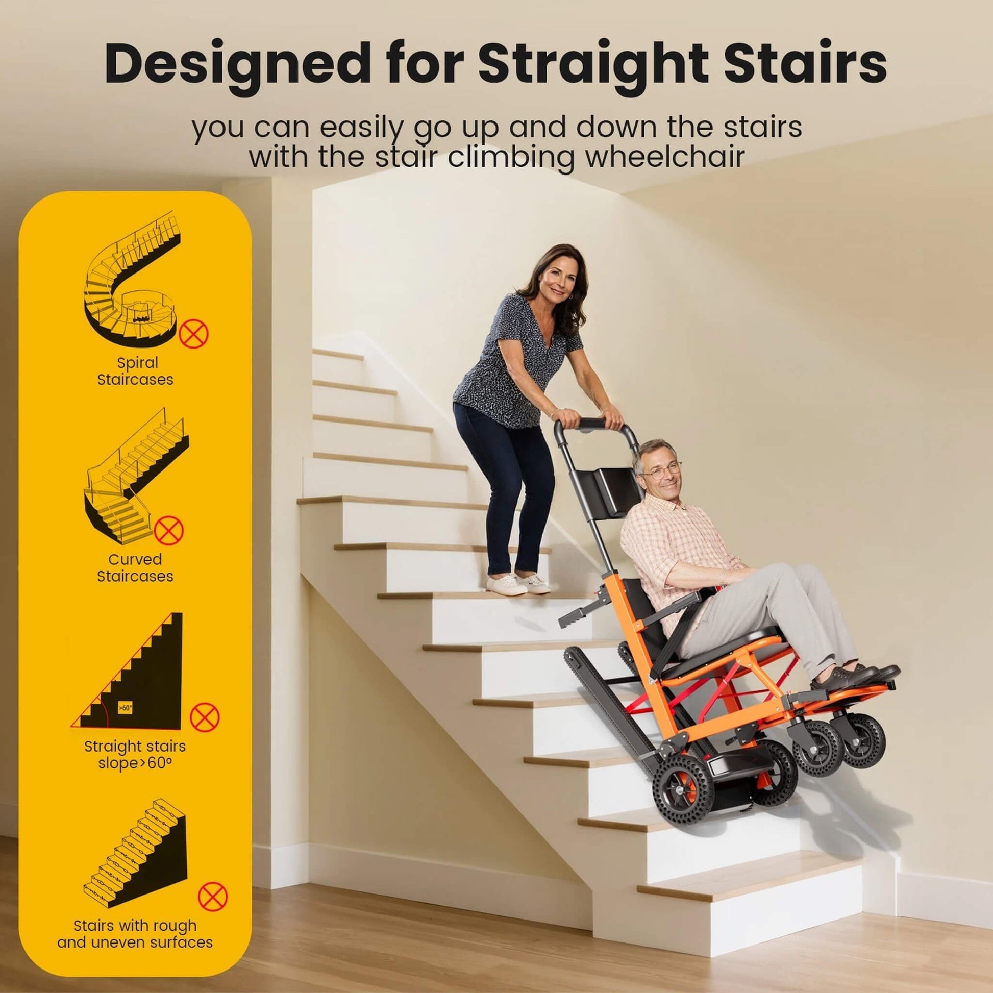 Motorized stair climbing wheelchair designed for straight staircases, with traction track and wheels