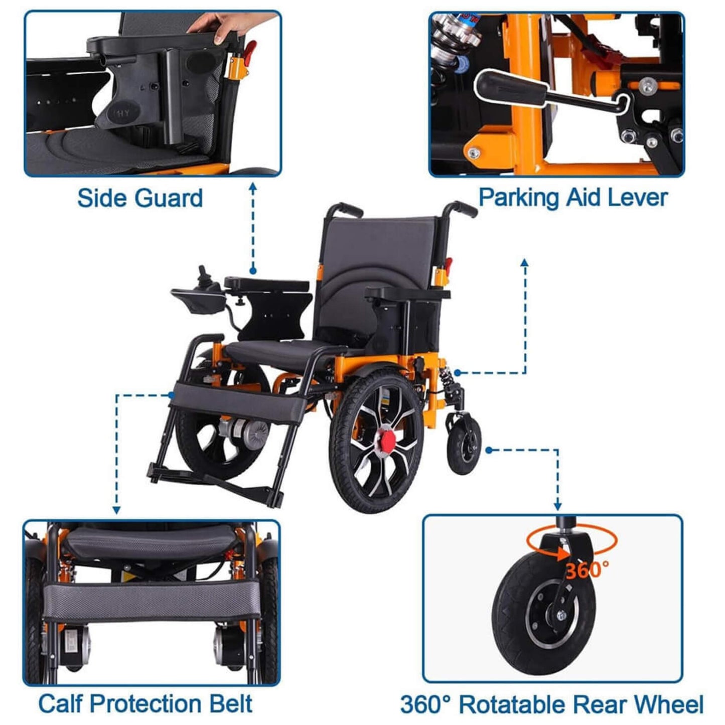 Motivo Heavy-Duty Ultralight All-Terrain Electric Wheelchair features side guards, parking aid lever, calf protection belt, and 360° rotatable rear wheels.