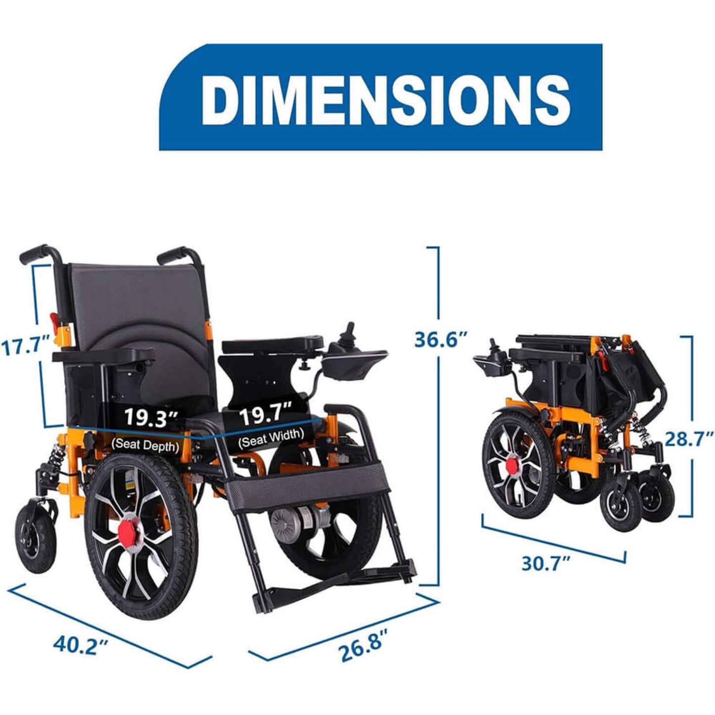 Motivo Heavy-Duty Ultralight All-Terrain Electric Wheelchair dimensions and folded view