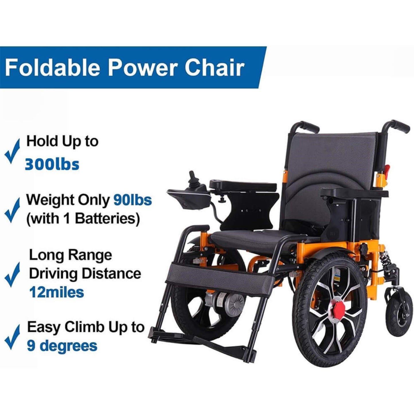 Motivo heavy-duty foldable power wheelchair in orange, holds 300lbs, 12-mile range