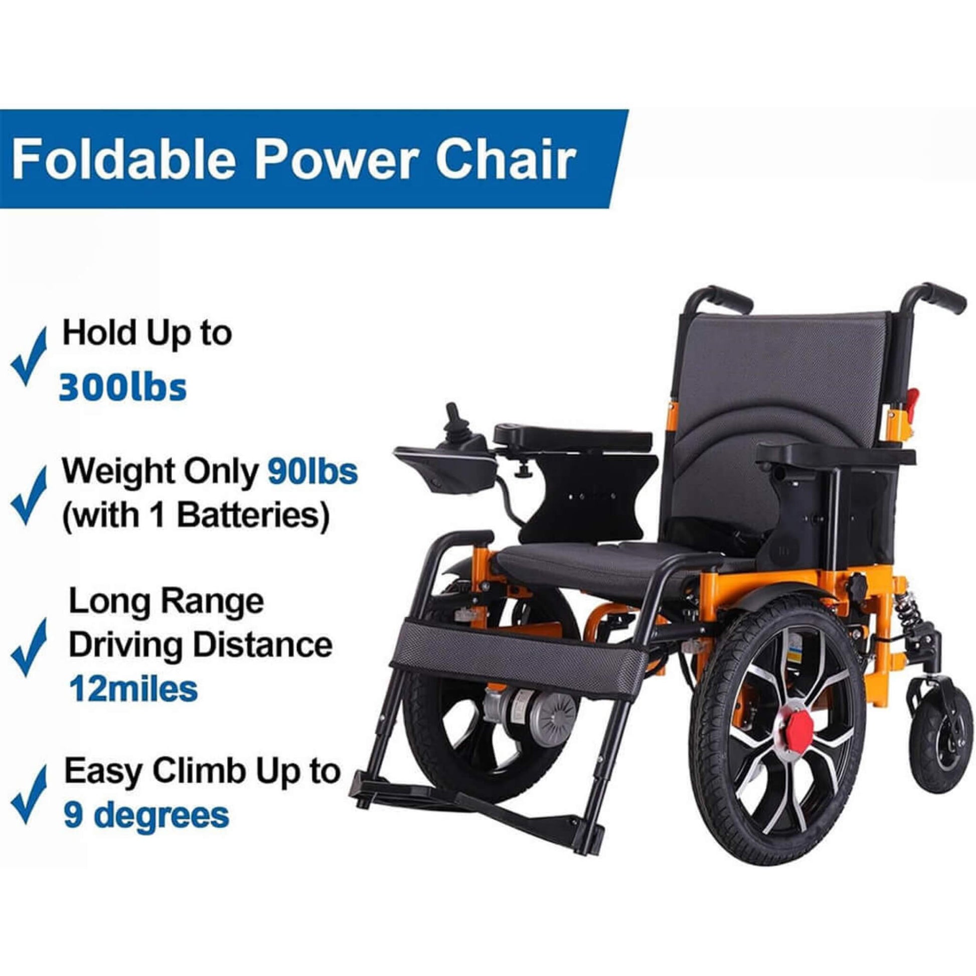Motivo heavy-duty foldable power wheelchair in orange, holds 300lbs, 12-mile range