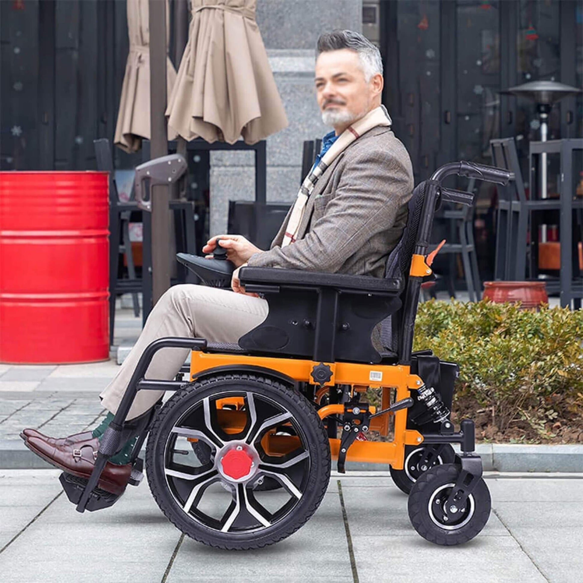 Motivo Heavy-Duty Ultralight All-Terrain Electric Wheelchair, orange frame, foldable, 300lb capacity