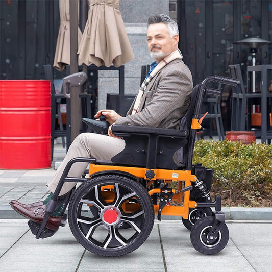 Motivo Heavy-Duty Ultralight All-Terrain Electric Wheelchair, orange frame, foldable, 300lb capacity