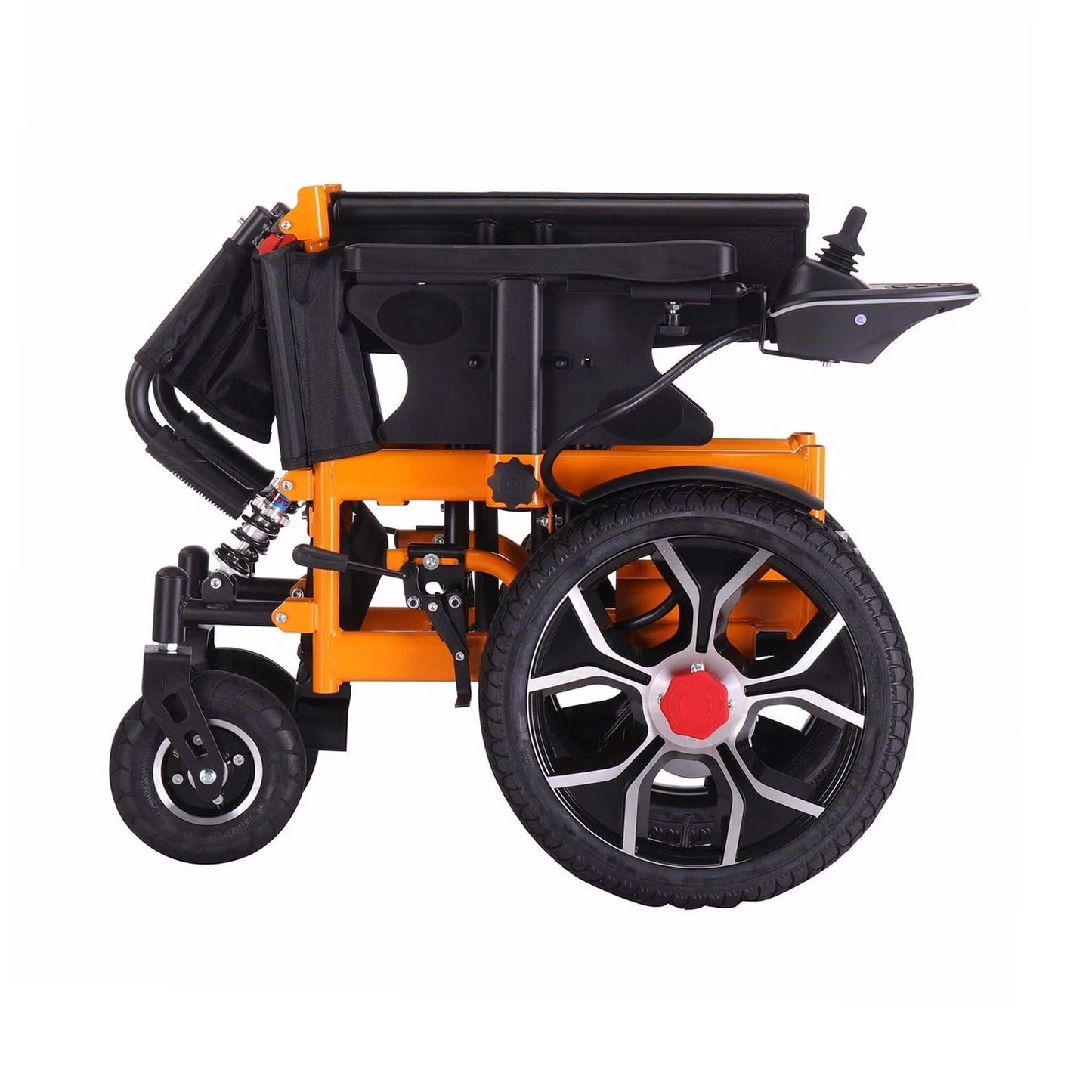 Motivo Heavy-Duty Ultralight All-Terrain Electric Wheelchair, orange, folded