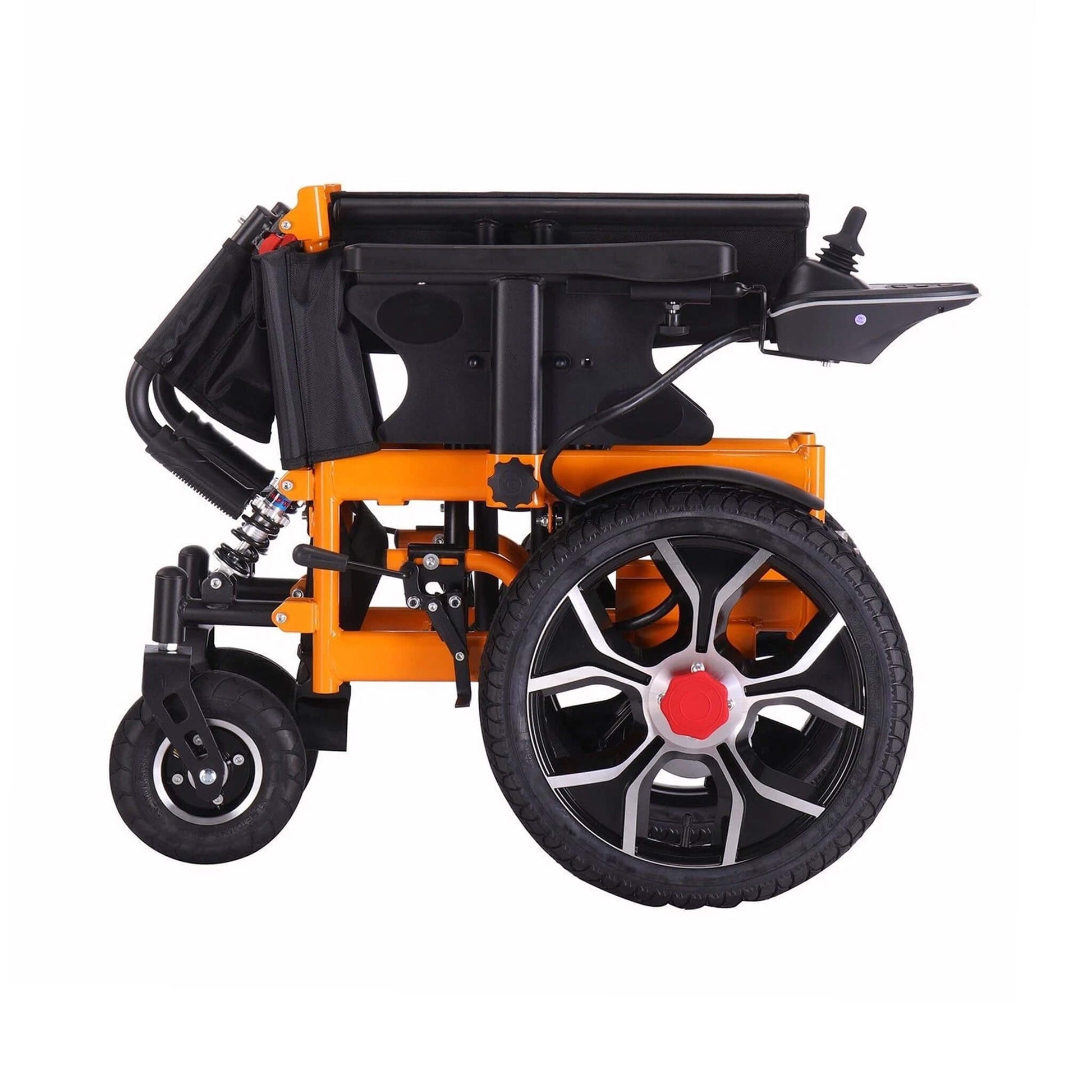 Motivo Heavy-Duty Ultralight All-Terrain Electric Wheelchair, orange, folded