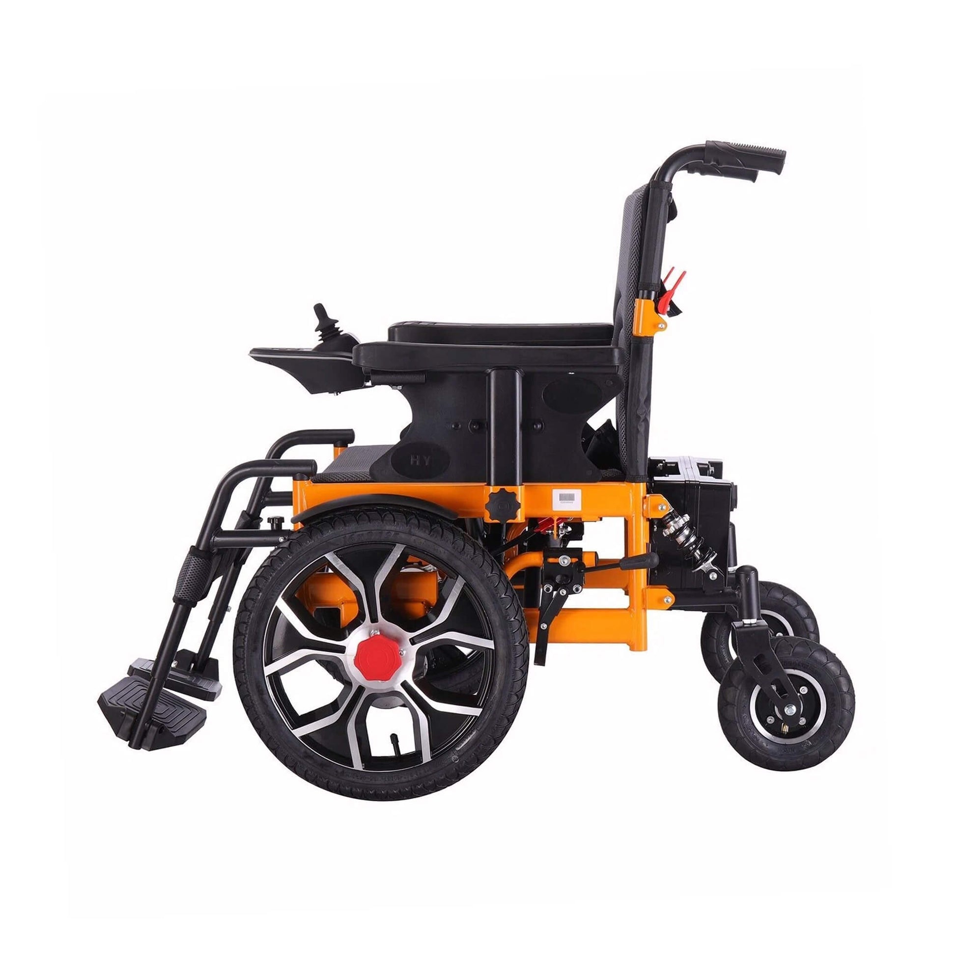 Motivo Heavy-Duty Ultralight Foldable Electric Wheelchair, orange and black design