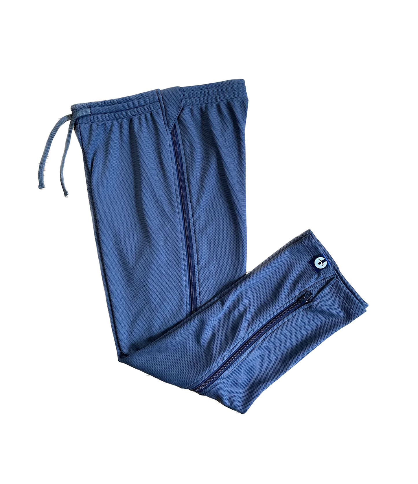 Blue pants with zippers on a white background