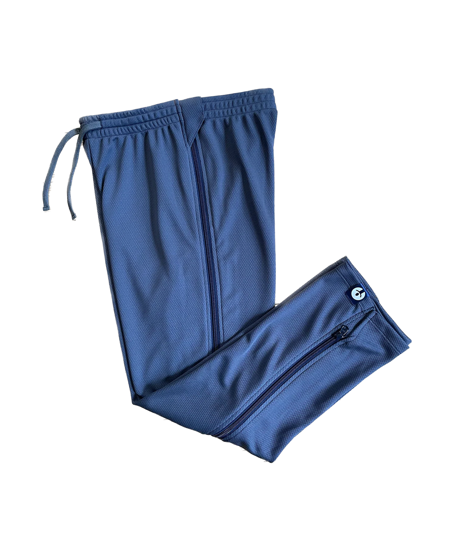 Blue pants with zippers on a white background