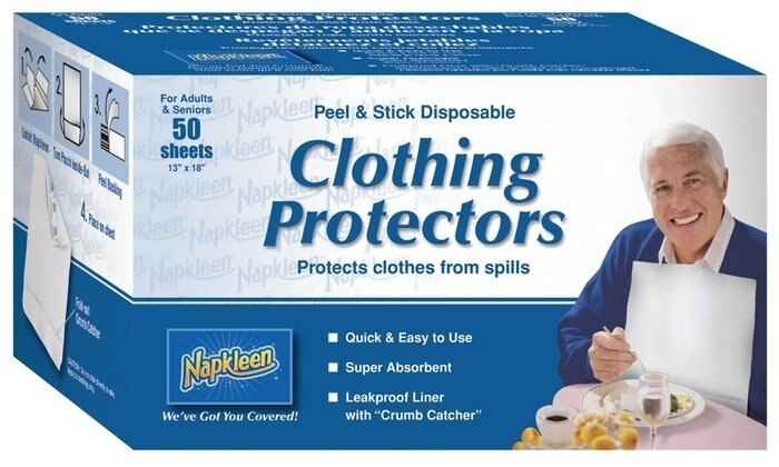 Adult disposable bibs clothing protectors, peel-and-stick sheets, pack box