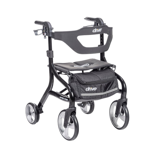 Black rollator walker with padded seat, armrests, front storage bag, and four wheels