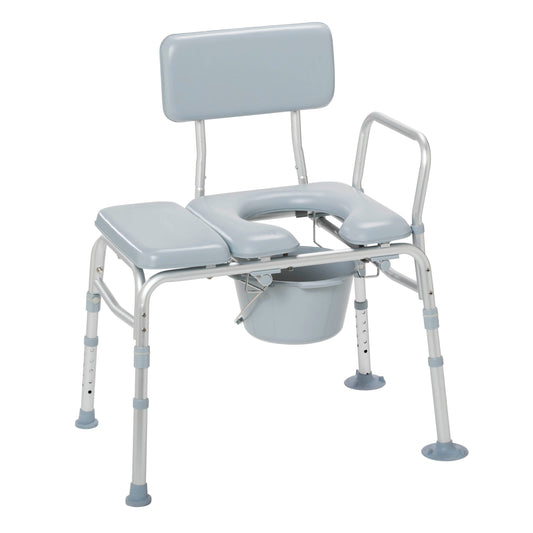 Padded transfer bench with commode opening, padded backrest and armrests