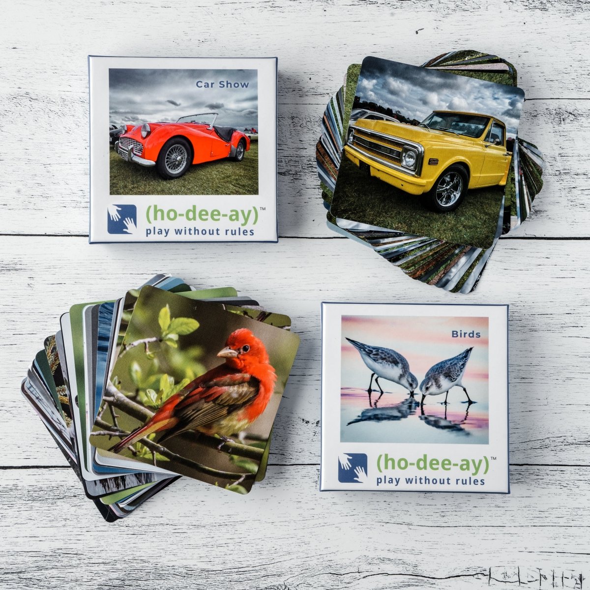 Deck of car show and birds themed cards with card faces displayed