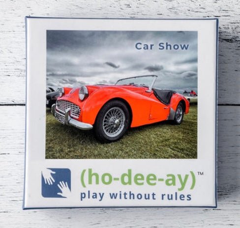 Car show themed cards featuring an orange classic car on a grass field, titled “Car Show”