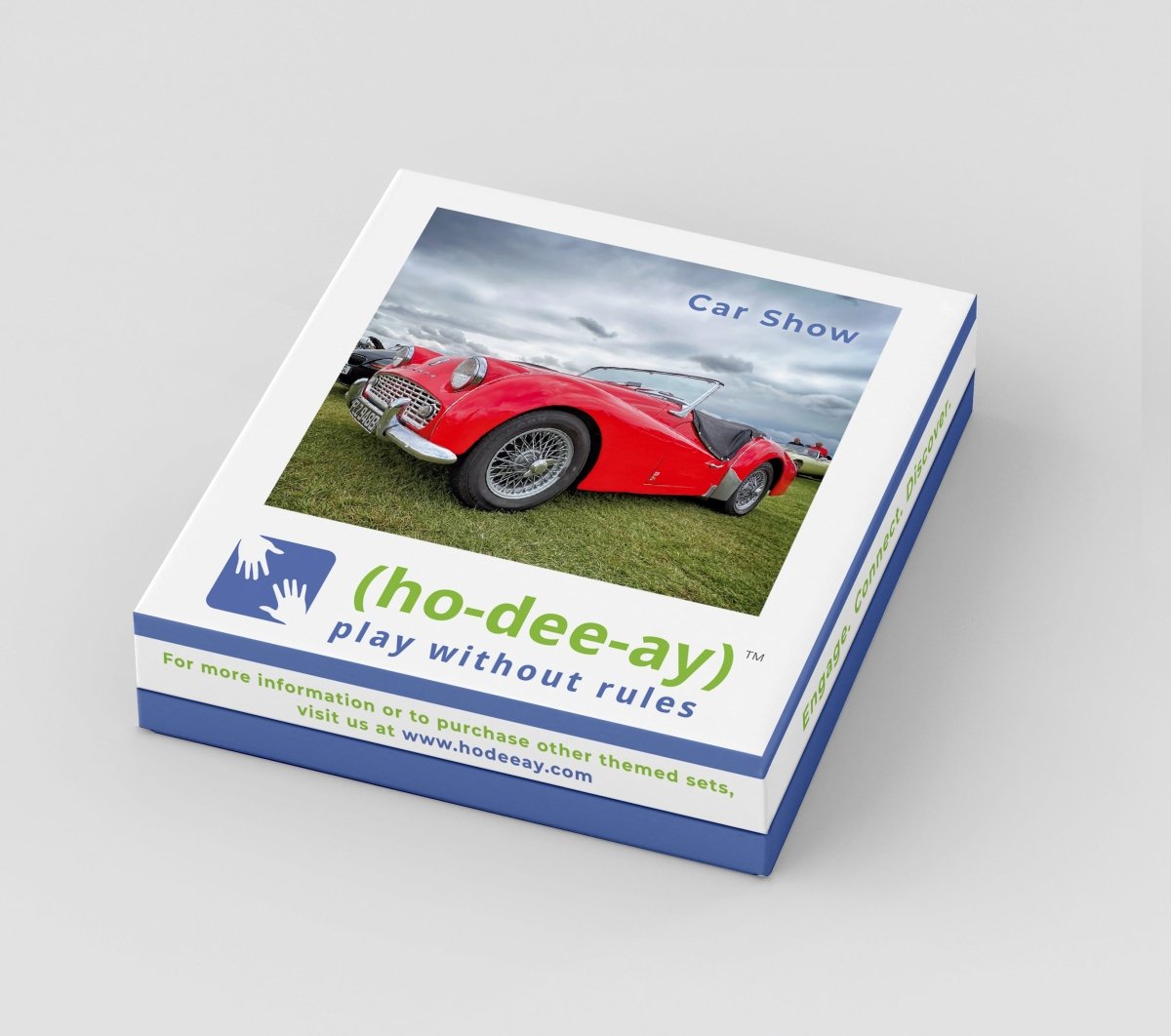 Car show themed dementia activity card set box with car image and title text