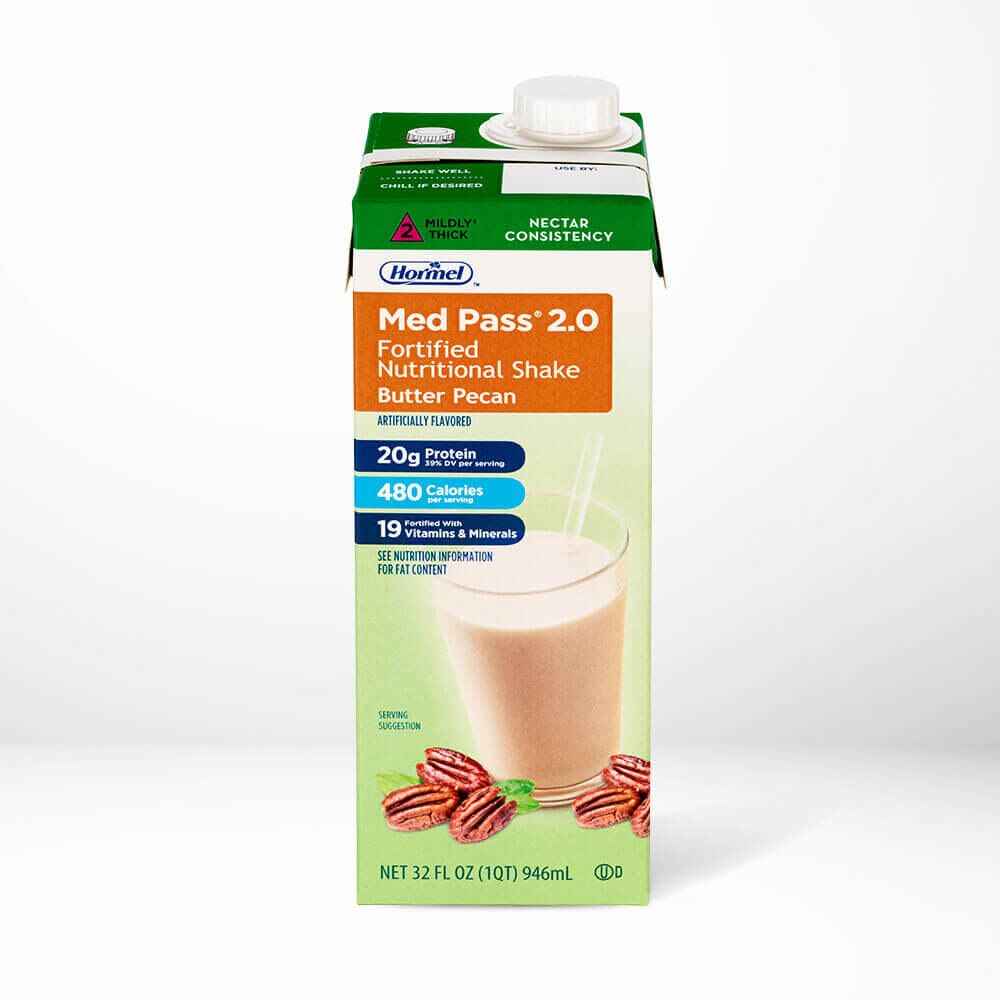 Hormel Med Pass 2.0 fortified nutritional shake, butter pecan flavor, 32 oz carton