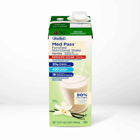 Hormel Med Pass reduced-sugar vanilla nutritional shake carton, 32 fl oz