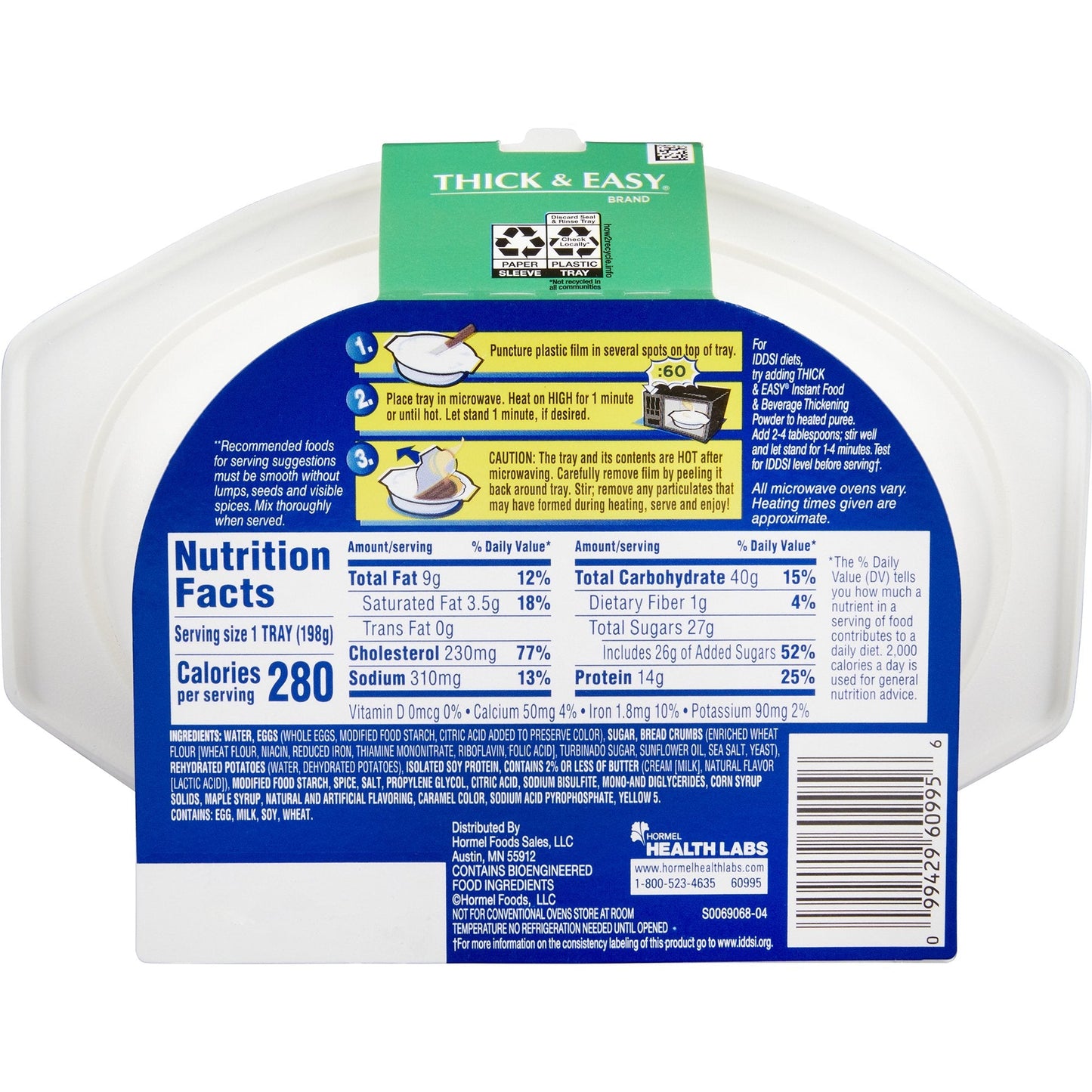 Back of Thick & Easy French toast puree cup, heating and nutrition label