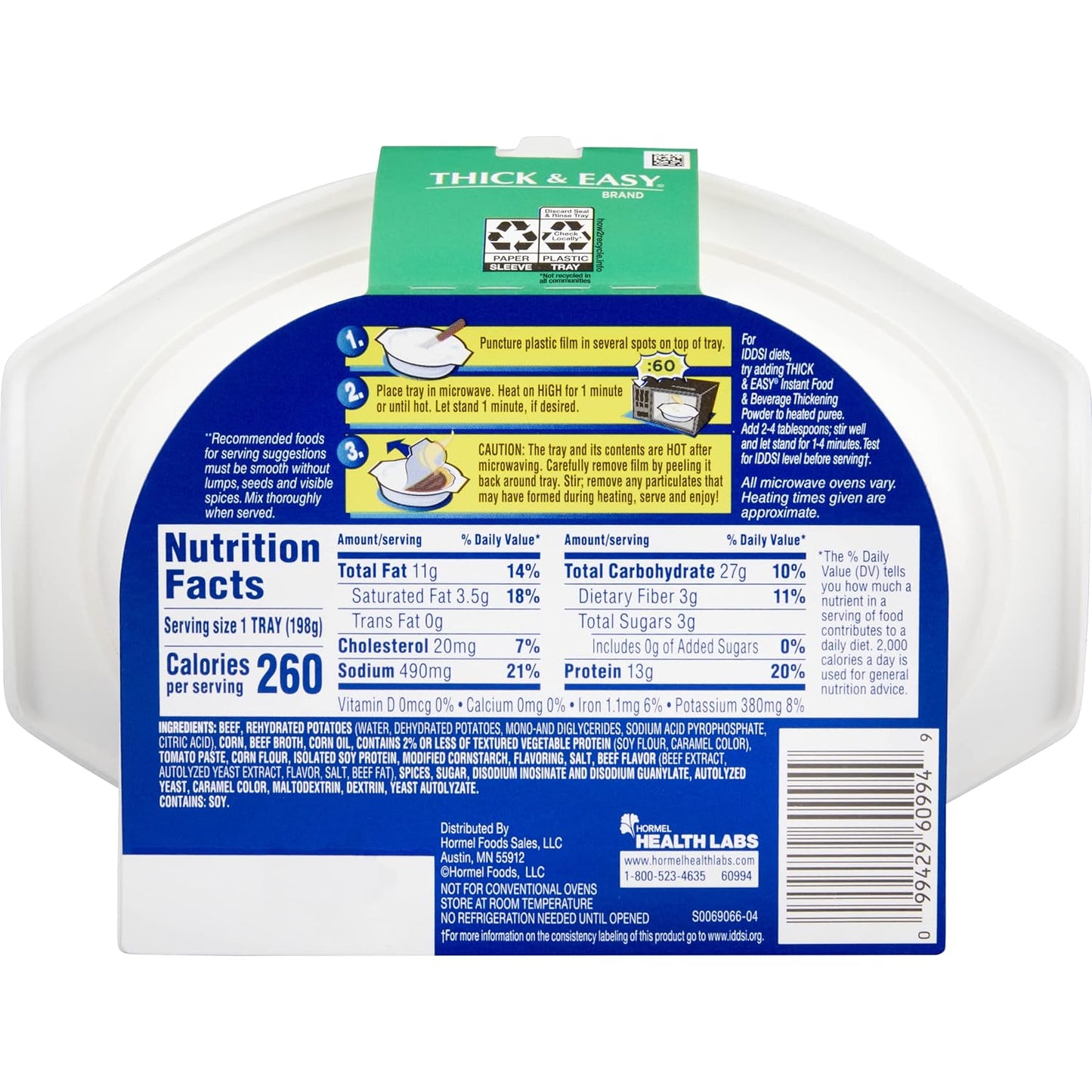 Back of Thick & Easy puree tray with nutrition facts and preparation directions