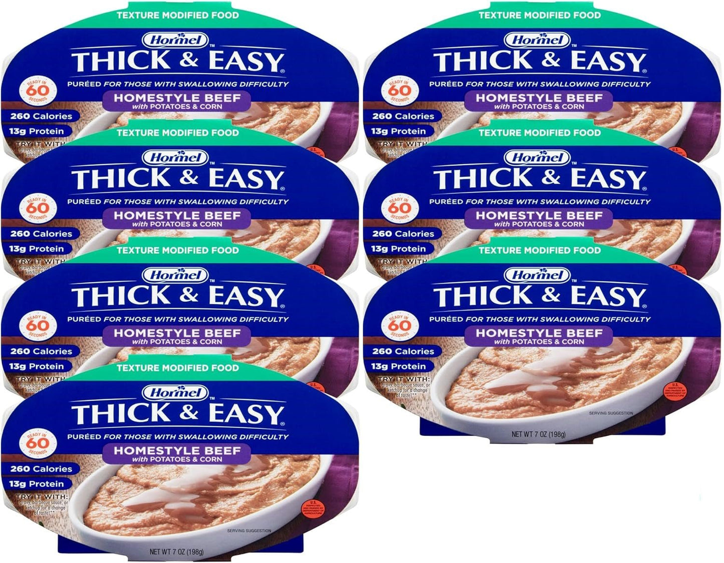 Multiple Thick & Easy homestyle beef puree trays with potatoes and corn, case of 7