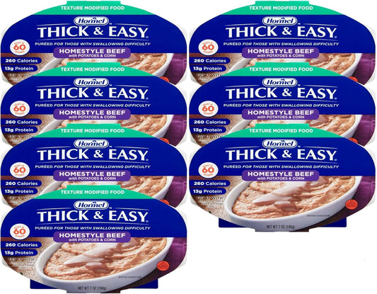 Multiple Thick & Easy homestyle beef puree trays with potatoes and corn, case of 7