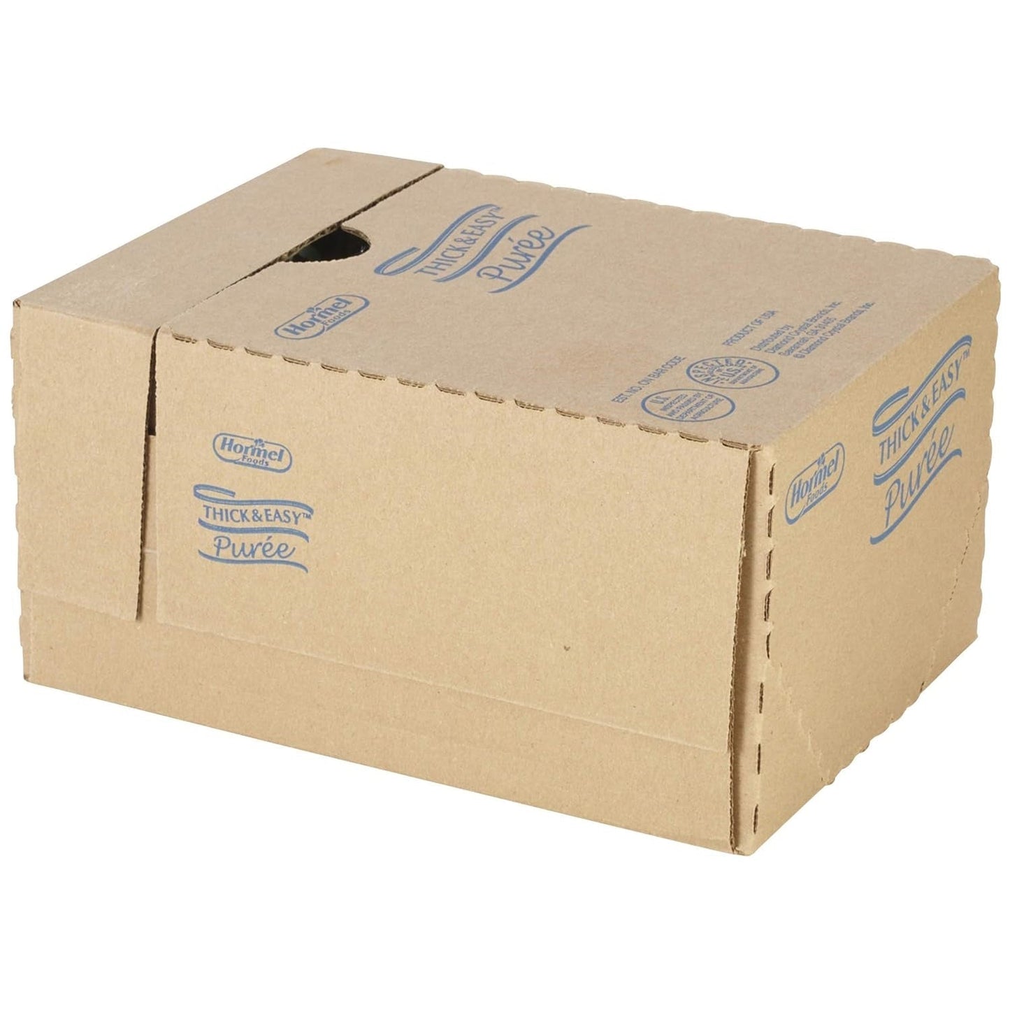 Cardboard shipping box for Thick & Easy puree, labeled for homestyle beef