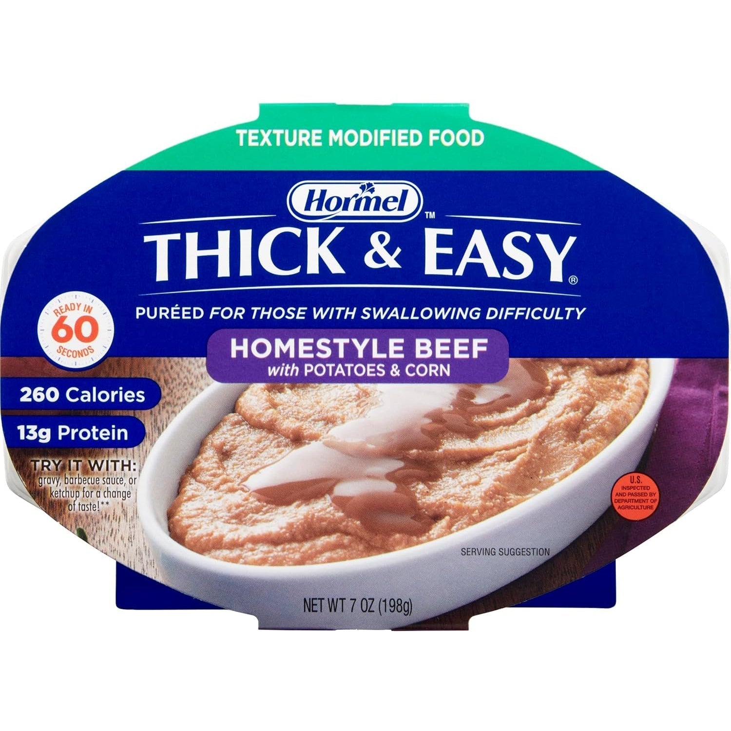 Thick & Easy homestyle beef puree with potatoes and corn, modified texture food tray