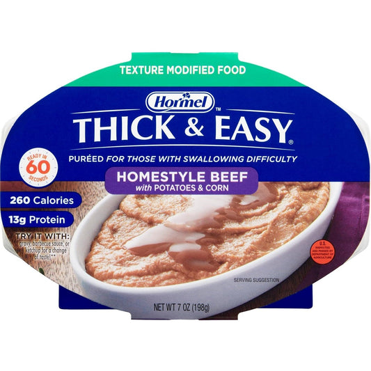 Thick & Easy homestyle beef puree with potatoes and corn, modified texture food tray