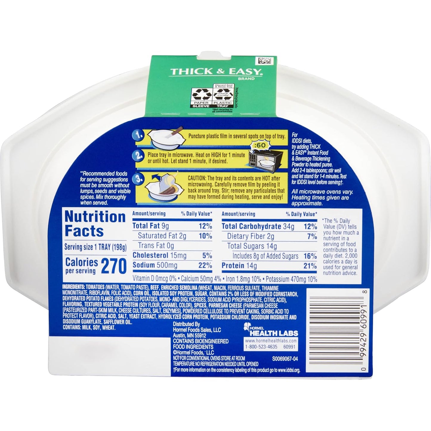 Back view of Thick & Easy Italian-style lasagna puree tray with nutrition facts
