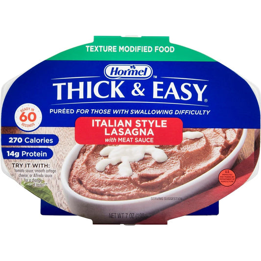Hormel Thick & Easy Italian-style lasagna puree with meat sauce on tray package front
