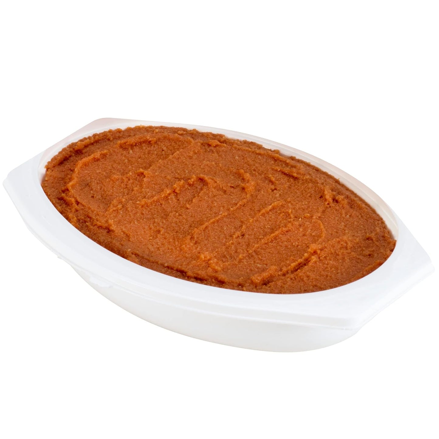 Italian-style lasagna puree in white plastic tray, smooth thick red-brown texture
