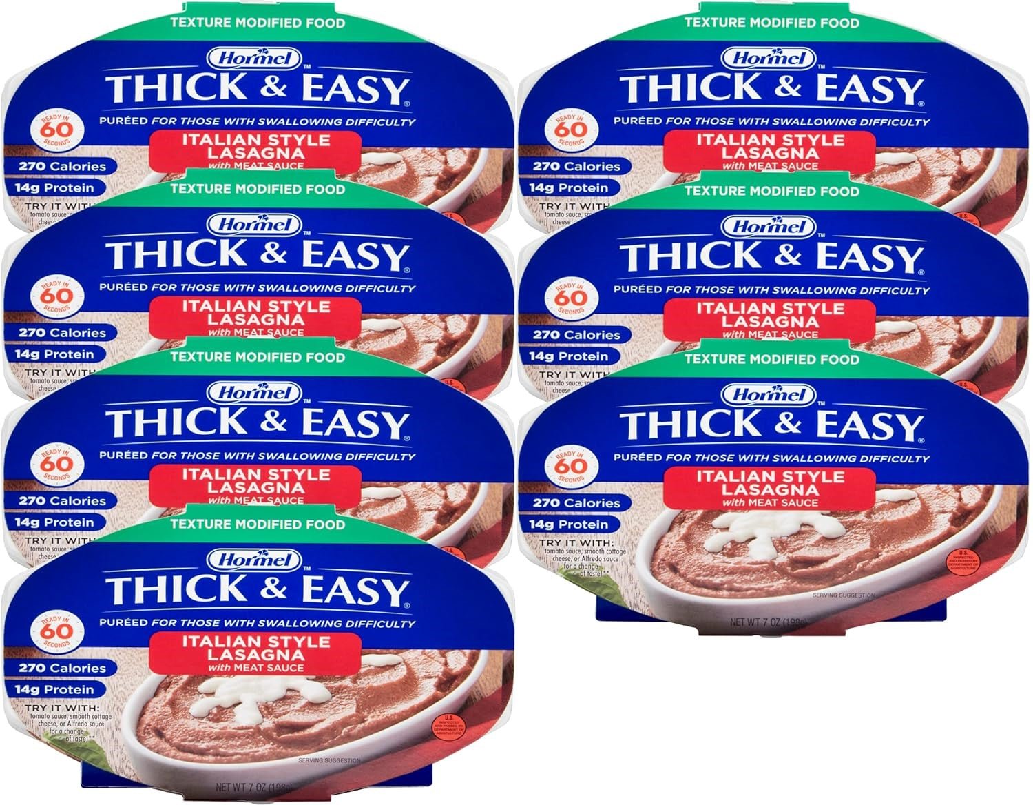 Multiple Hormel Thick & Easy Italian-style lasagna puree trays shown in a grid