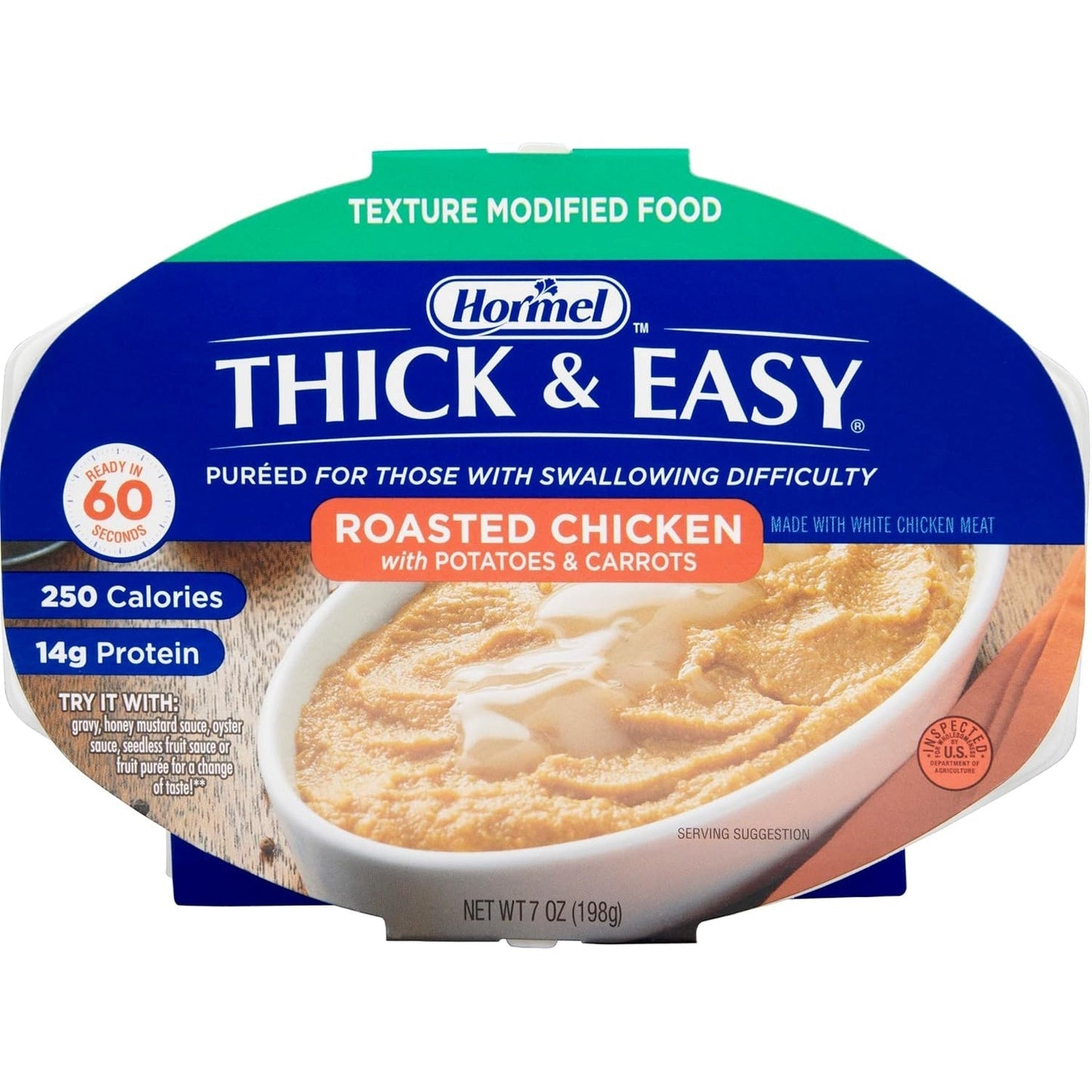 Hormel Thick & Easy roasted chicken puree cup label with potatoes and carrots