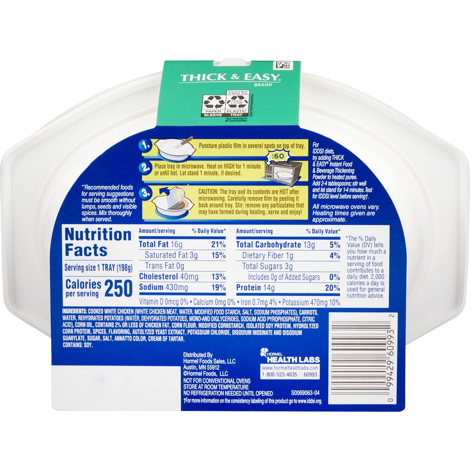 Back label with nutrition facts and microwave heating steps for roasted chicken puree