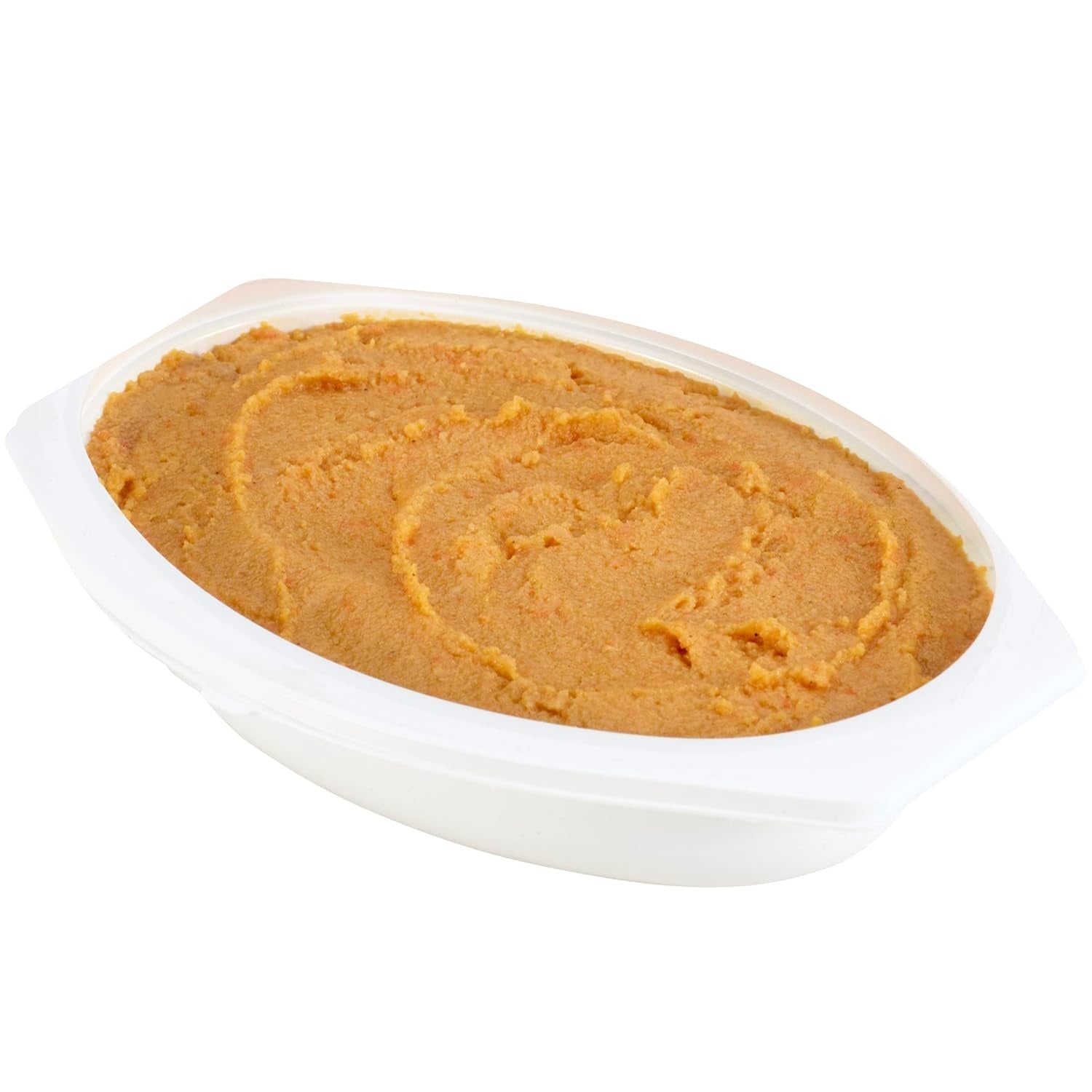 Close view of roasted chicken puree in oval white tray, thick smooth surface