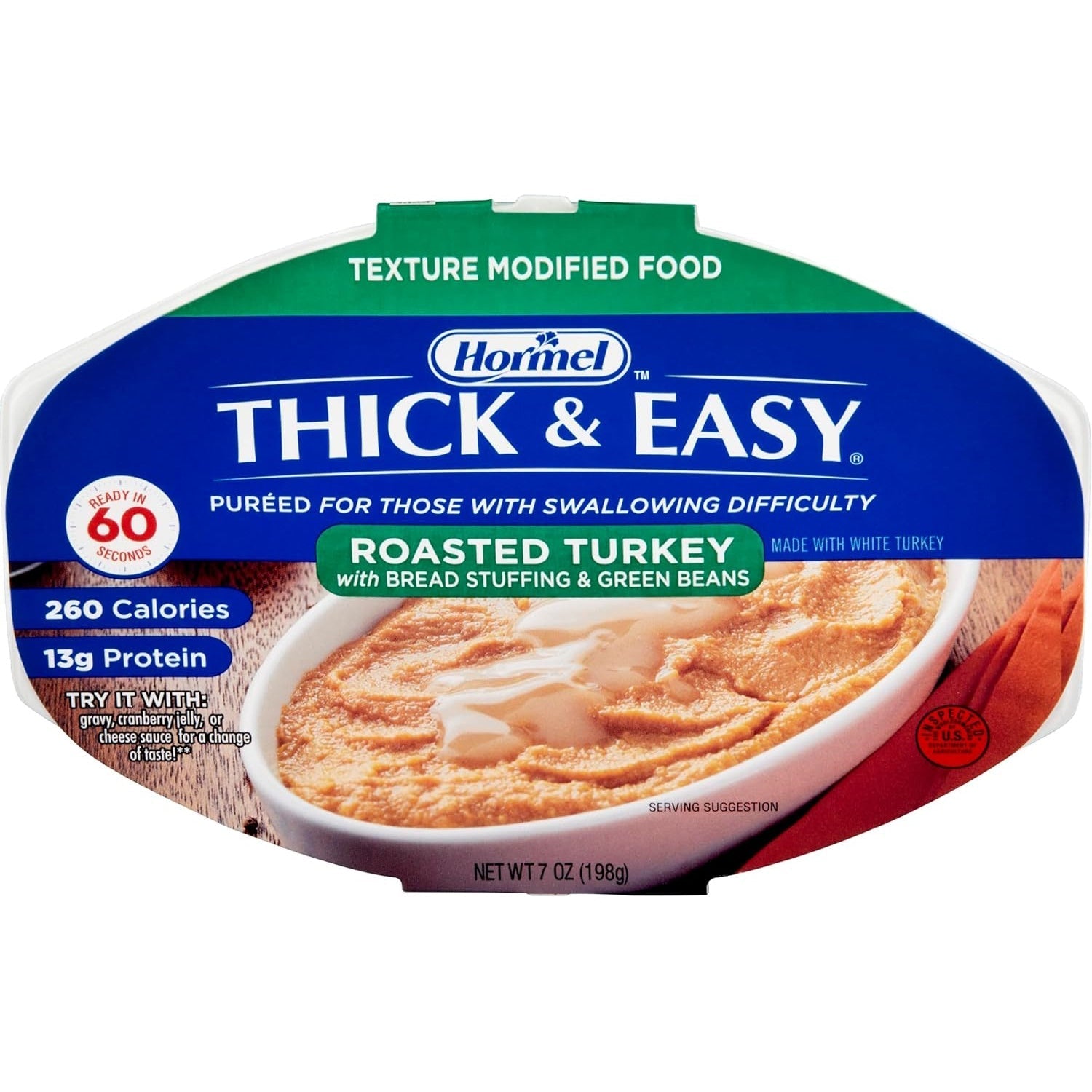 Hormel Thick & Easy roasted turkey puree with bread stuffing and green beans
