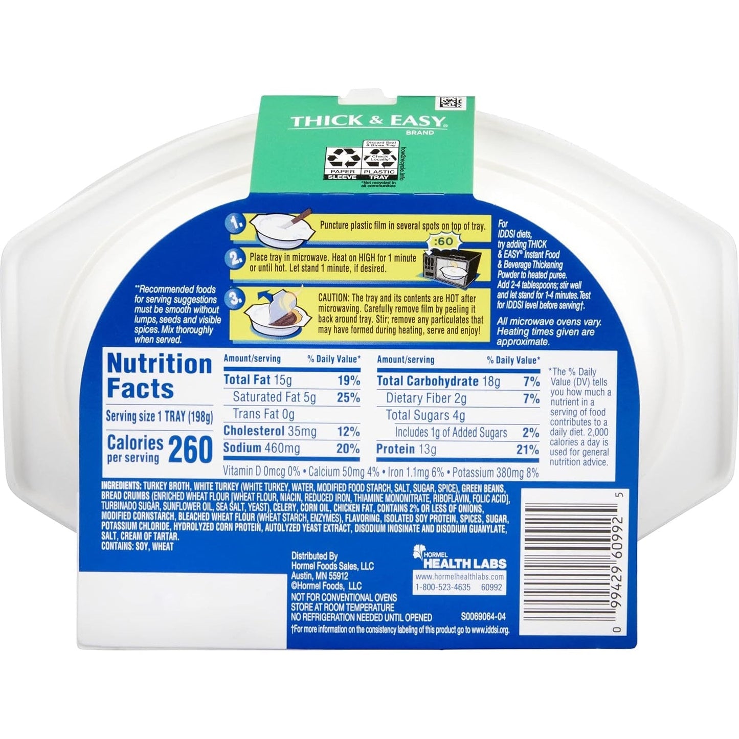Thick & Easy puree nutrition facts label with 260 calories and 15g fat per serving