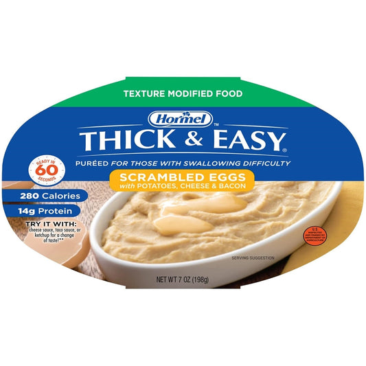 Hormel Thick & Easy Scrambled Eggs puree container, with potatoes, cheese & bacon
