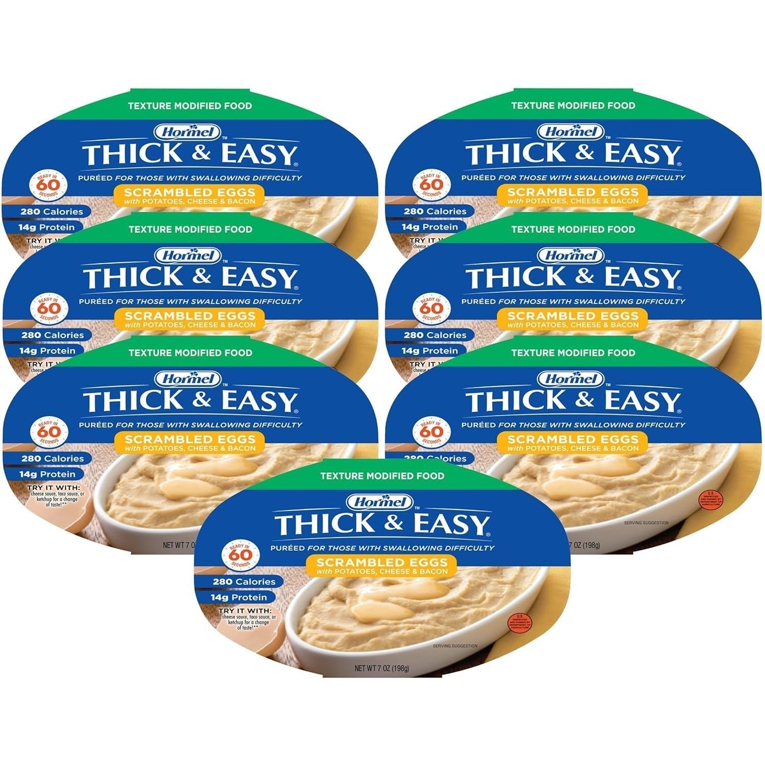 Thick & Easy scrambled eggs puree packages in multiple containers