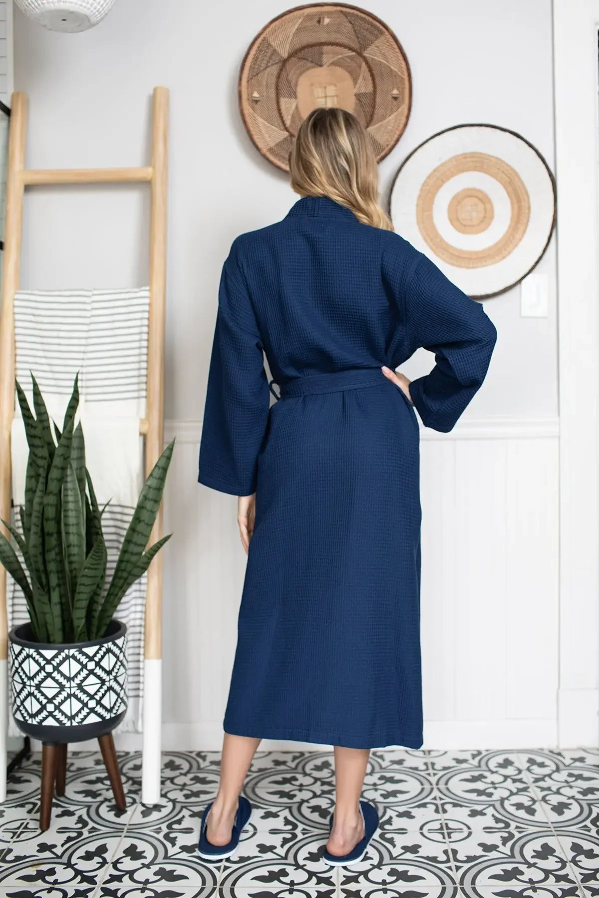 Women’s waffle-weave robe in navy, belted mid-calf length with long sleeves