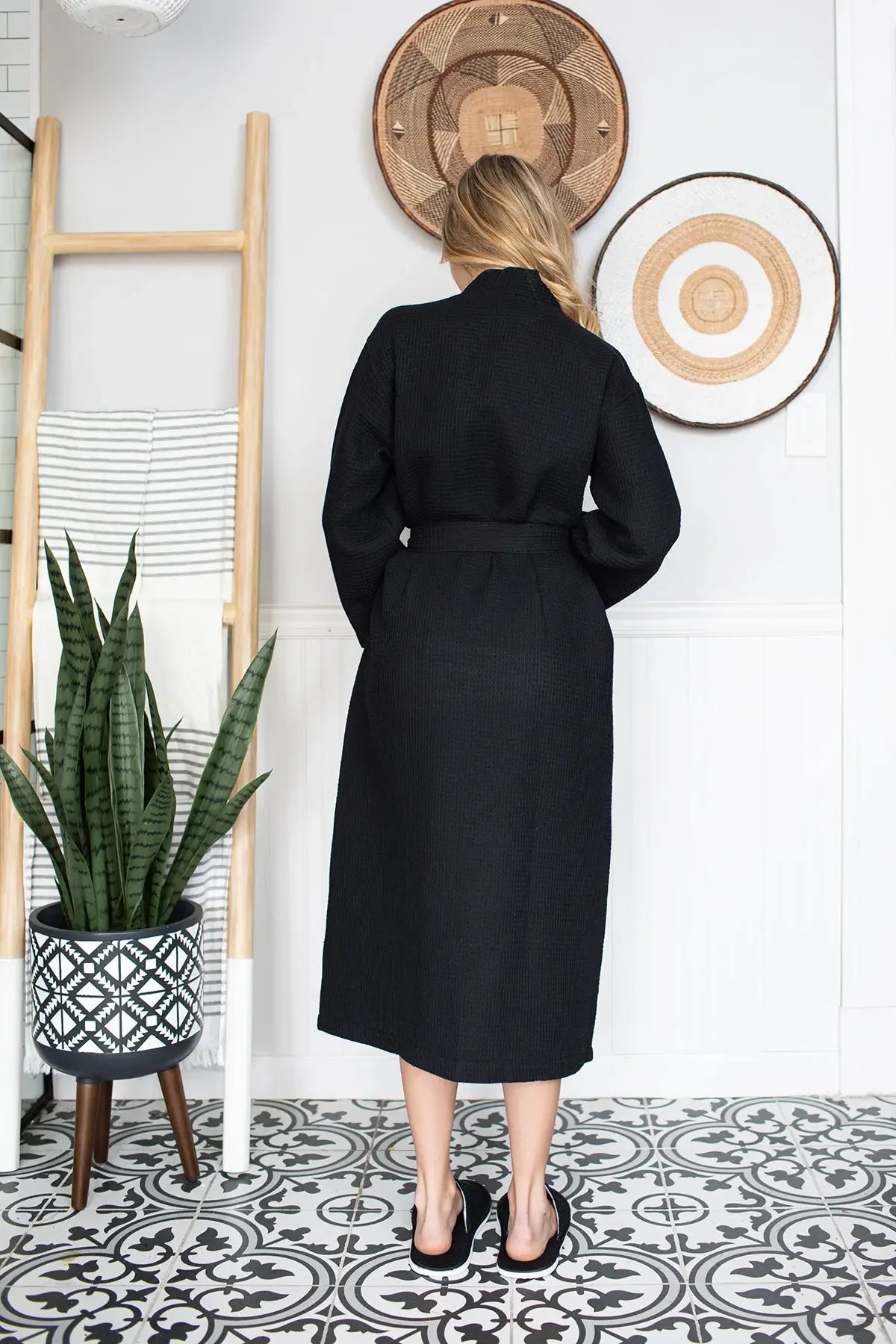 Womens waffle robe, dark charcoal/black, long sleeves, waist tie, midi length.